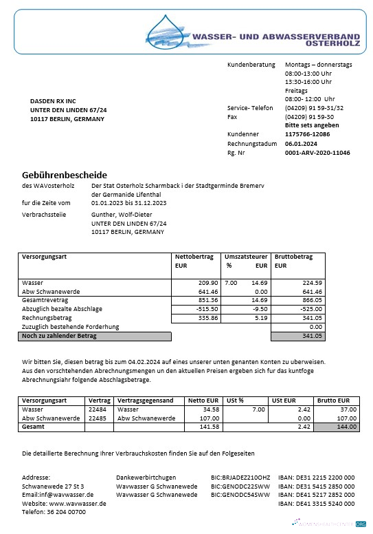 Download Germany Wavwasser business utility bill template in Word and PDF formats Photoshop template
